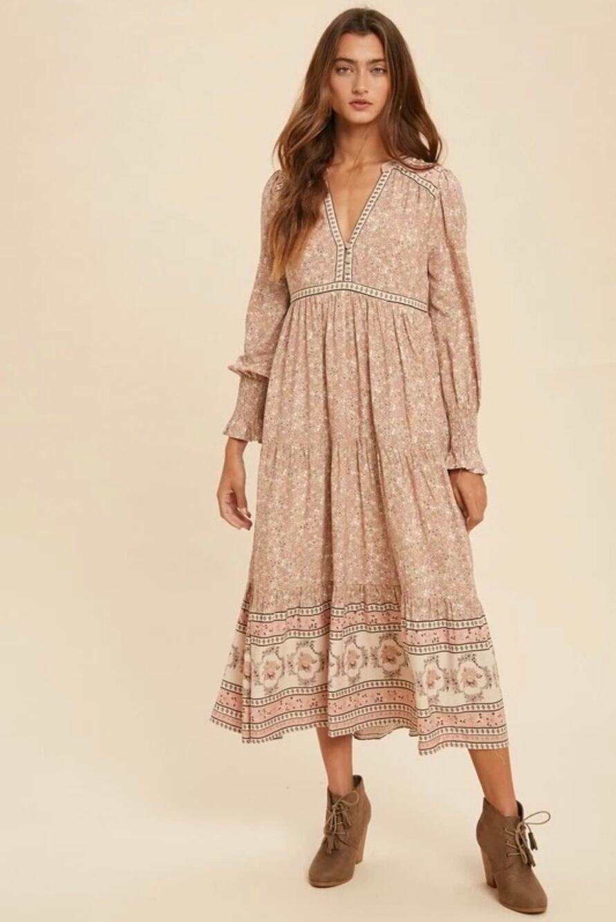 Bohme Floral Maxi Dress Women’s L Pink Boho Long Sleeve Empire Waist Rayon
